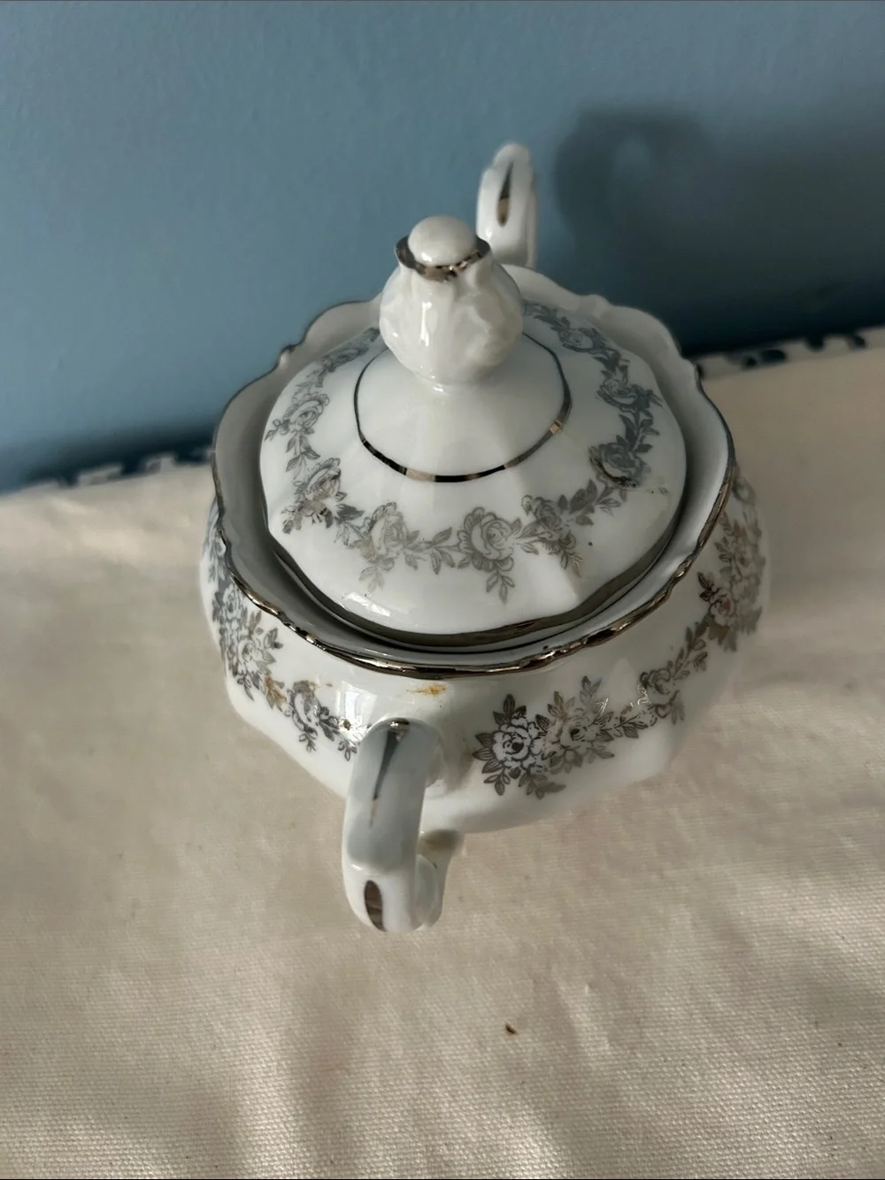 Bevaria Platinum White Porcelain Sugar Bowl & Silver Floral Trim Lid